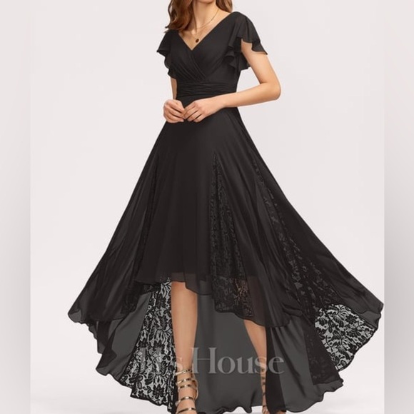 JJs House Dresses & Skirts - A-line V-Neck Asymmetrical Lace Chiffon Bridesmaid Dress With Pleated Size 18W